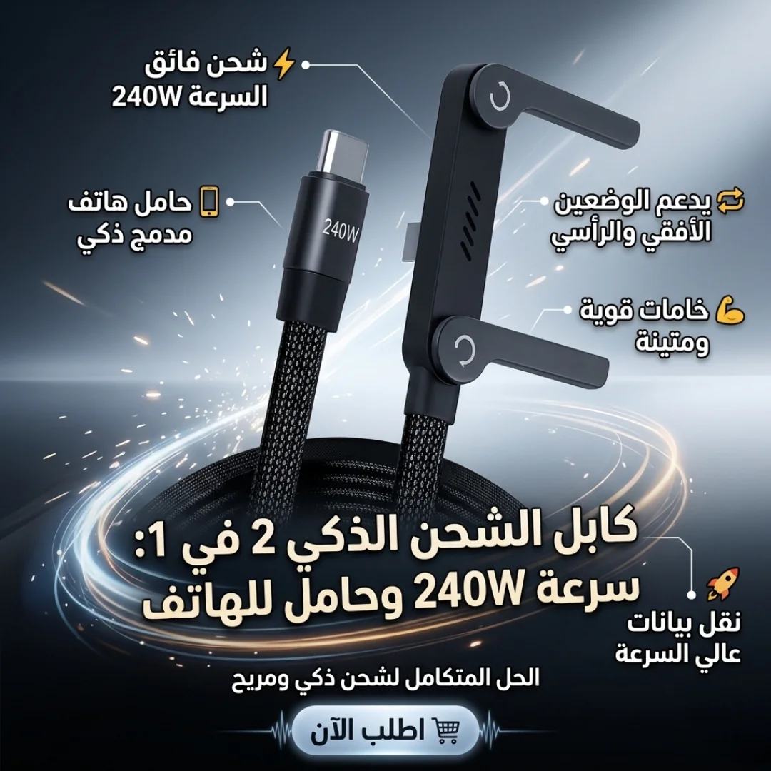 كابل الشحن المغناطيسي الذكي 240W مع حامل مدمج للهاتف
