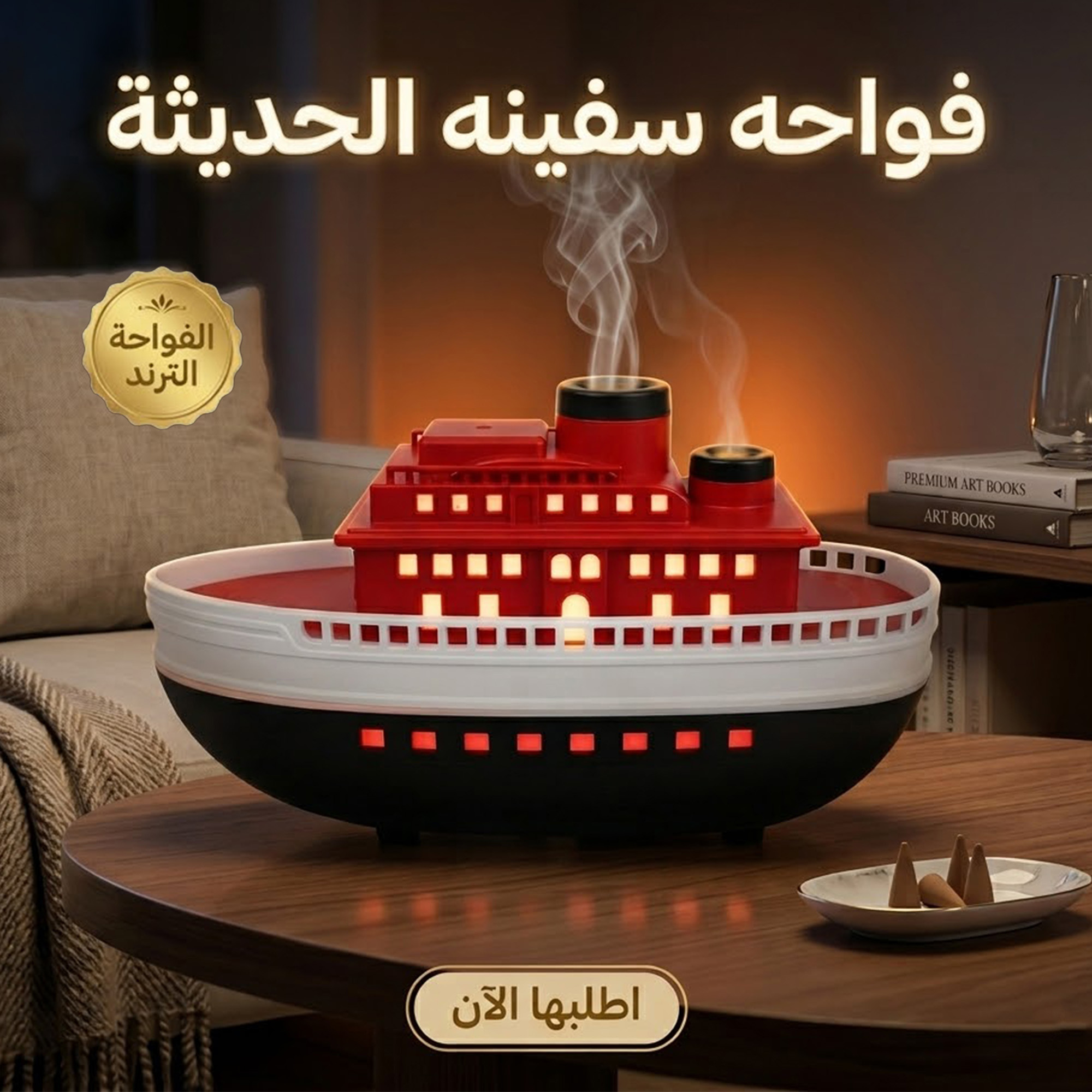 فواحة على شكل سفينة بخارية مع إضاءة ملونة