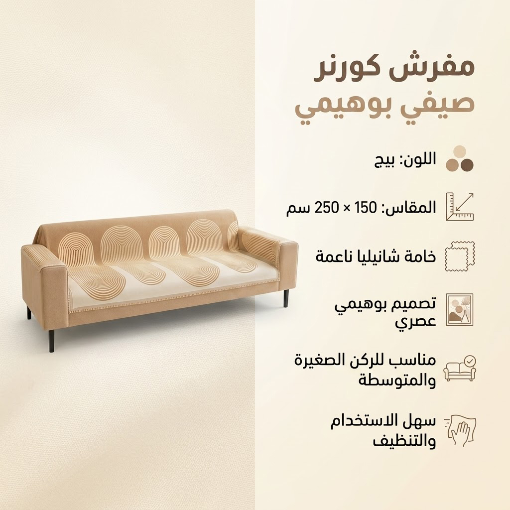 عرض 2 قطعه مفرش كورنر صيفي بوهيمي بيج - الصورة 4
