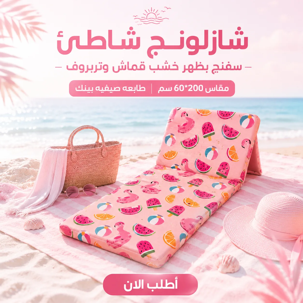 شازلونج شاطئ سفنج بظهر خشب قماش وتربروف مقاس 60*200 سم طابعه صيفيه بينك - الصورة 2